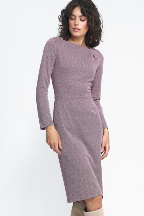 Sukienka z zakładkami na dekolcie w bordową jodełkę S235 Bordo - Nife Sukienka z zakładkami na dekolcie w bordową jodełkę S235 Bordo - Nife